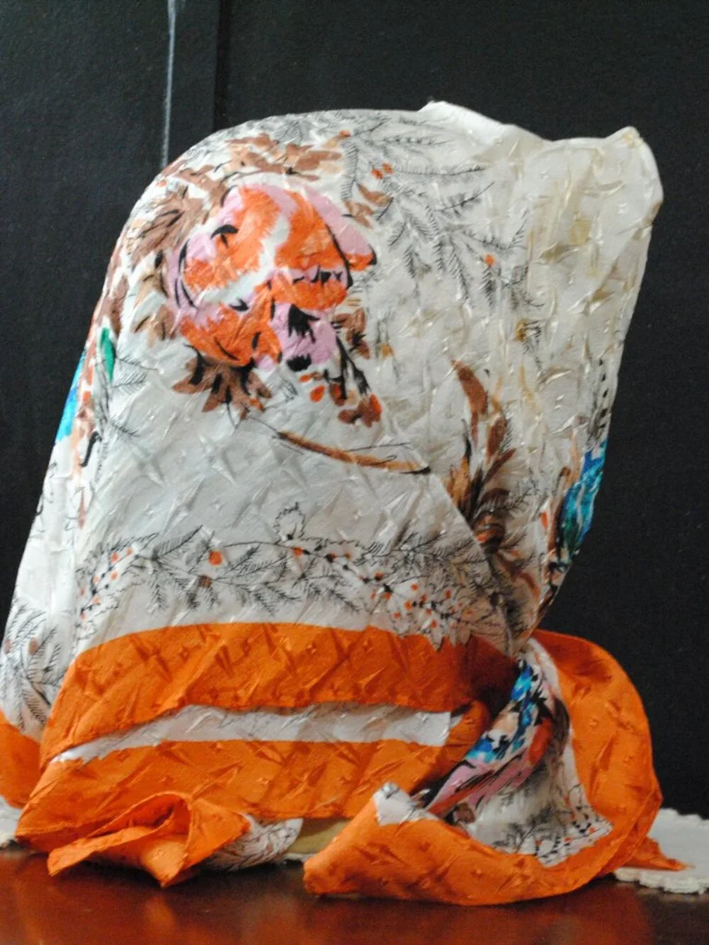 Vintage Large Floral 1950s Scarf made in Japan with Orange Border